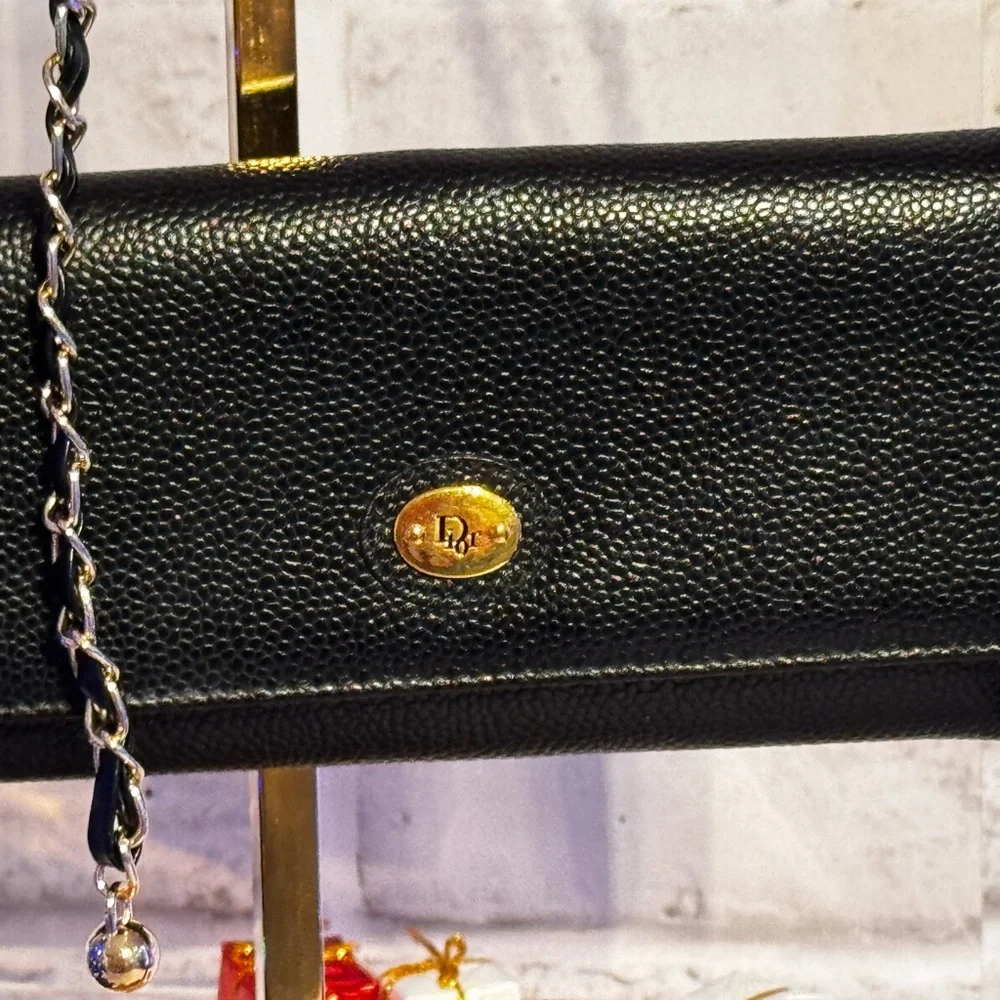 Vintage Christian Dior Black Leather Long Kiss Lock Wallet w Chain & Box